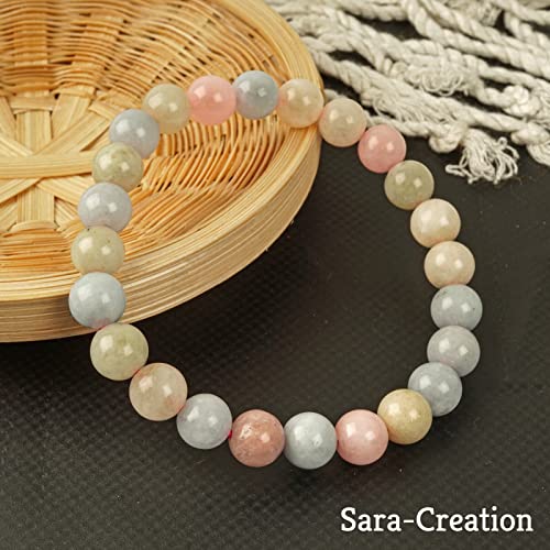 Aquamarine And Morganite Round Beaded Bracelet, Blue Aquamarine Stone, Pink Morganite Stone
