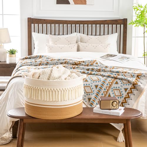 KAKAMAY Large Blanket Basket (20"x13"),Woven Baskets for storage Baby Laundry Hamper, Cotton Rope Blanket Basket for Living Room, Laundry, Nursery, Pillows, Baby Toy chest (Brown Fringe) - color: Brown Fringe