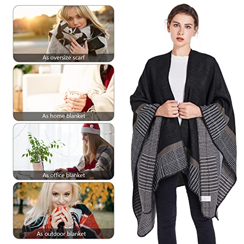 Shawl Wraps for Women, Elegant Knitted Cape Open Front Poncho Scarf Blanket Cardigan Coat for Spring, Autumn, and Winter - color: Black Gray Khaki