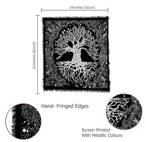 Indian Consigners Tree of Life Altar Cloth Tapestry Tablecloth Celtic Trees Ritual Spiritual Cloth for Sacred Places, Cotton Square Tarot Table Cover 24 by 24 Sacred - color: Silver Trunk Tree, size: 24" x 24" (Square)