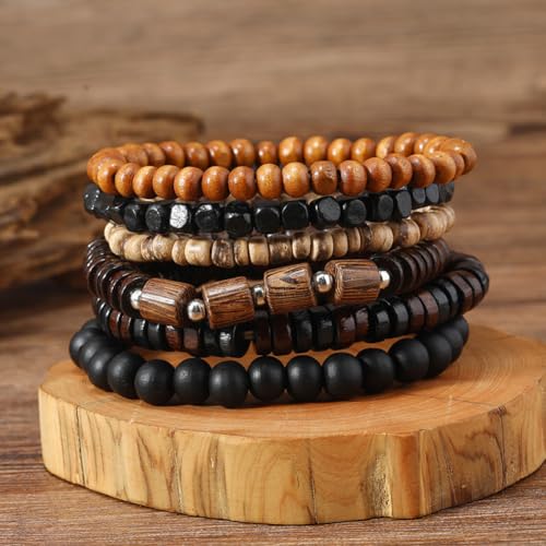 Puka Shell Bracelet for Men Wooden Bracelets Turquoise Stack Beaded Minimalist Trendy Jewelry for Friend Gift - style: 6pcs-Black