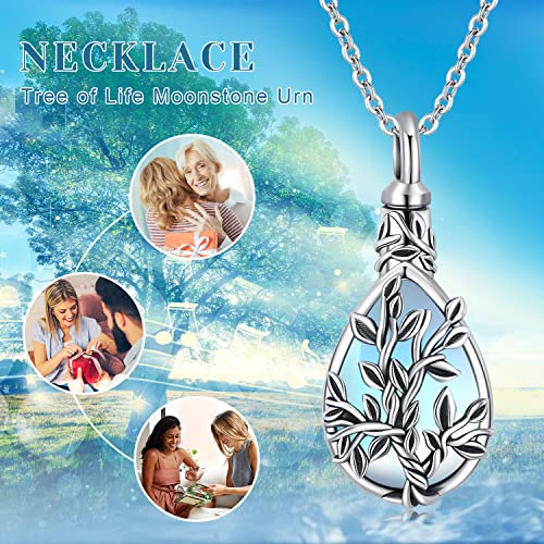 JUSTKIDSTOY Moonstone Urn Necklace for Ashes Sterling Silver Daisy/Rose/Tree Teardrop Pendant Necklace Cremation Jewelry Keepsake Memorial Gifts for Mother Grandma w/Funnel Filler - style: Tree