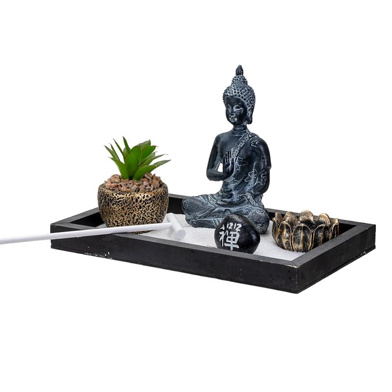 Pacific Giftware Meditation Zen Garden Set with Buddha Statue Artificial Succulent Plant Tea Light Candle Holder White Sand Decorative Wood Display Tray 12" x 3"