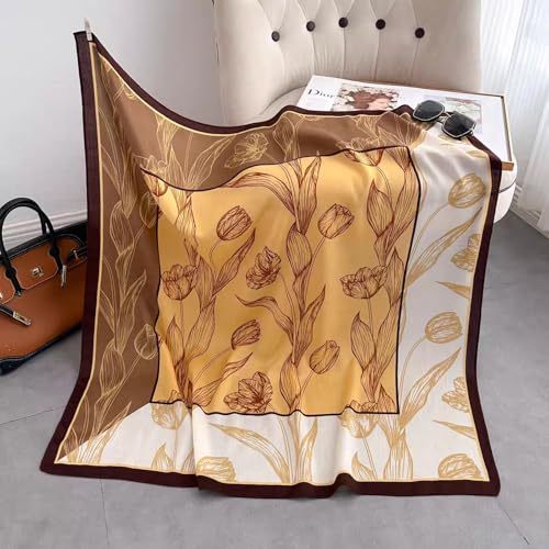 35" Head Scarf Large Square Scarf Like Cotton Hairscarf Fashion Scarves Bandana Night Sleeping Wraps for Women B01 - color: Beige/Coffee Tulips
