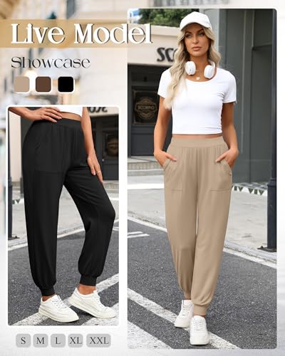 3 Pack Women's Lounge Pants Yoga High Waist Sweatpants Workout Lightweight Casual Joggers Comfy Pajama with Pockets - color: Black, Brown, Khaki, size: Large