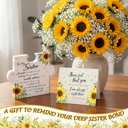 Yookeer Sister Gifts from Sisters, Unique Sister Birthday Acrylic Puzzle Shaped Plaque Sunflower Desk Decorations and Card Present for Big Sisters Mothers Day Wedding Graduation Birthday