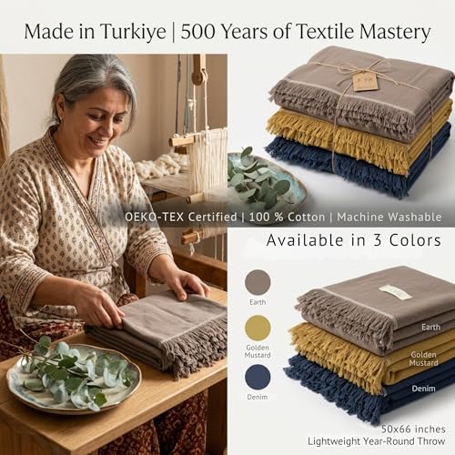 Odin Waffle Throw Blanket with Tassels, 50x66 Inch, 100% Turkish Cotton, Oeko-TEX Certified, Breathable Lightweight Throw for Couch, Sofa & Bed, Made in Turkey, Sand - color: Sand