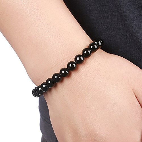 Men Women 8mm Natural Stone Lava Rock Diffuser Bracelet Elastic Yoga Agate Beads Bracelet Bangle - color: Black agate