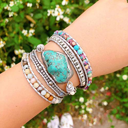 Boho Wrap Bracelet for Women, Handmade Natural Imperial Jasper Multi-Layer Stone Beaded Bracelet, Bohemian Healing Crystal Stone Jewelry Gifts - color: Turquoises