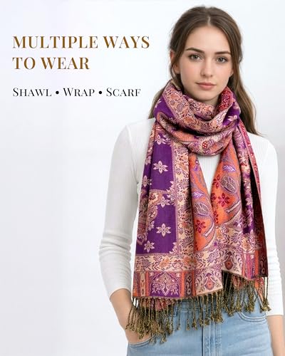 Achillea Elegant Paisley Floral Pashmina Shawl and Wrap β Boho Rave Scarf for Festival, Travel & Everyday Wear - color: Purple Red