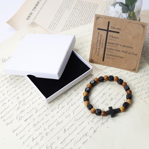 MILAKOO Wooden Bracelet with Black Stainless Steel Cross Charms Bead Christian Gifts for Women Men - color: D5