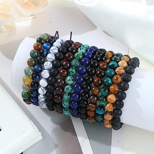 FIRAZIO 12Pcs 8mm Gemstones Beaded Stretch Bracelet for Women Crystal Stone Bracelets Round Beads Semi-Precious Stretch Bracelet Set Unisex