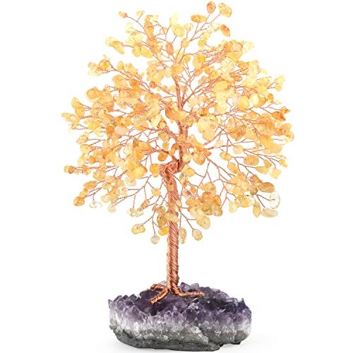 Gemstone Crystal Tree of Life,Natural Citrine(406 Stones Count) with Amethyst Cluster Base,Chakra Healing Crystals Positive Energy Fengshui Bonsai Money Tree Gift 8.5"-9"