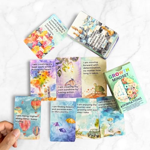 UHillMinerva Growth Mindset Affirmation Cards, 52 Watercolor Illustrated with Fixed vs Growth Comparison, Inspirational Cards for Teens Adults Parents Teachers Personal Development