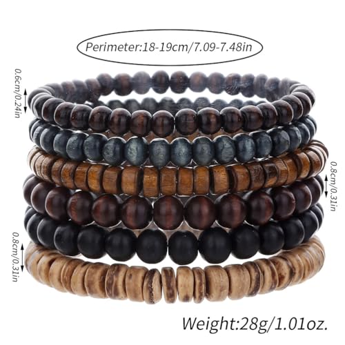 Puka Shell Bracelet for Men Wooden Bracelets Turquoise Stack Beaded Minimalist Trendy Jewelry for Friend Gift - style: 6pcs-Brown