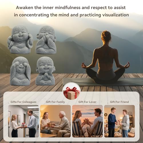 4Pcs Mini Monk Buddha Statues, See Hear Speak Think No Evil Mini Monk Decor, Handcrafted Sandstone Resin Zen Statues for Home Office Desk Car Dashboard, Feng Shui Spiritual Gifts for Peace & Calm