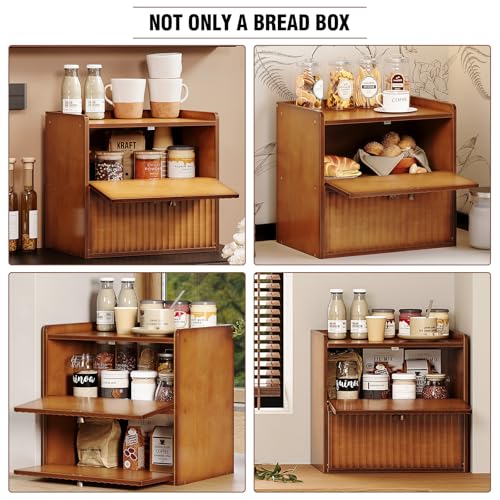 Trironsun Rustic Bread Box for Kitchen Countertop Bamboo Bread Storage Container Bin Double Layer BreadBox Farmhouse Large Capacity Food Organizer (Brown) - color: Brown