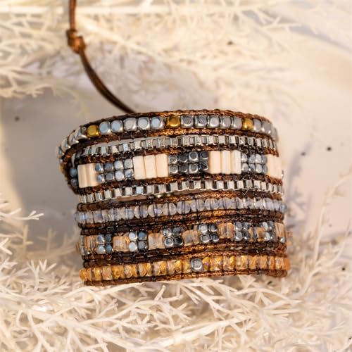 YGLINE Natural Stone Wrap Bracelet for Women Boho Bracelets Healing Crystal Beaded Bracelet Adjustable 3/5 Wraps Bracelet Handmade Birthday Gifts for Women - color: grey