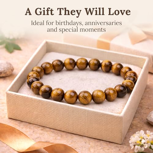Elm City Direct 8mm Natural Stone Beaded Bracelet – Unisex Crystal Stretch Bracelets for Men & Women, Chakra & Healing Jewelry, Gift-Ready Beaded Bracelets - color: Tigers Eye