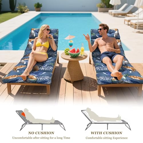 Outdoor Chaise Lounge Chair Cushion 75.1 x 23.6 x 4.7in, Waterproof Replacement Cotton Patio Thickened Pool Lounge Chair Cushion with Ties for Patio Outdoor Furniture, Tropical Night - color: Blue Leaves