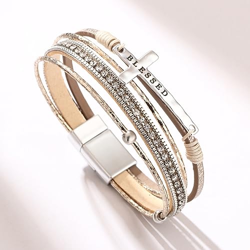 Fesciory Leopard Bracelet for Women, Boho Leather Wrap Multi-Layer Pearl Crystal Bracelet Bangle Jewelry - style: Blessed Cross(Khaki)