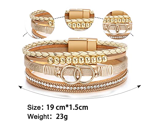 Fesciory Leopard Bracelet for Women, Boho Leather Wrap Multi-Layer Pearl Crystal Bracelet Bangle Jewelry - style: Double Circle(Khaki)