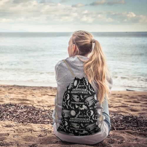 Skull Moon Sun Gothic Witch Board Seamless Black Portable Canvas Drawstring Backpack with Drawstring Pockets 35x50cm - color: Skull Moon Sun Gothic Witch Board Seamless Bl, size: 35x50cm