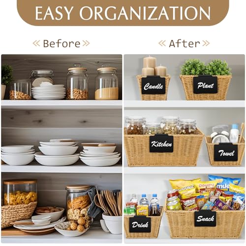 6 Pcs Wicker Storage Baskets with Labels Handwoven Multi-size Natural Wicker Storage Bins for Organizing Small Baskets Container for Shelves Closet Pantry Toilet(Natural)