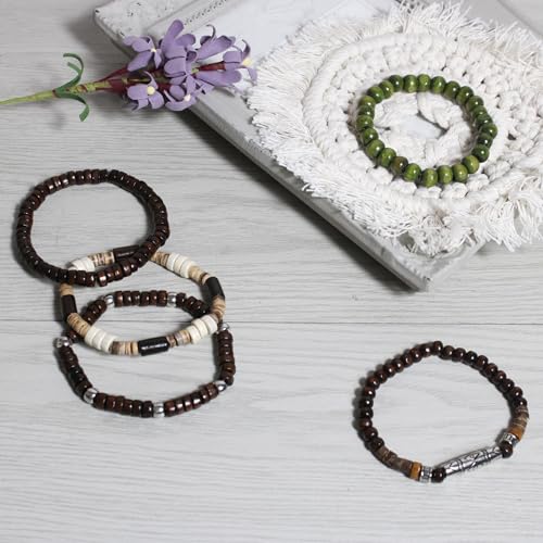 5pcs Wooden Bead Bracelet Set with Charm and Tassel for Men & Women - Stackable Boho Bracelets, Amber Color Scheme Adjustable Bracelet - color: Brown Green