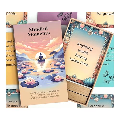 Mindful Moments Daily Affirmation Cards for Women, 106 Positive Inspirational Messages & Self Reflection Journal Prompts, Meditation Cards with Display Stand