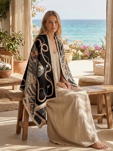 Women's Reversible Pashmina Shawl Wrap for Women Big Scarf Holiday Gifts - color: Black-orange-teal