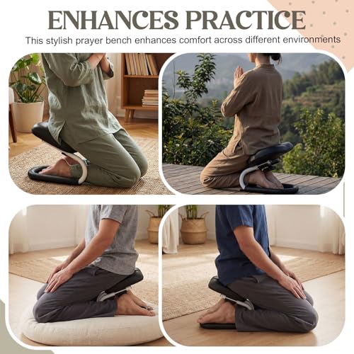 Meditation Bench with Carrying Bag, 3 Level Adjustable Metal Meditation Stool, Non-Slip Prayer Kneeling Stool with Cushion, Ergonomic Prayer Chair for Meditations Yoga(Black)