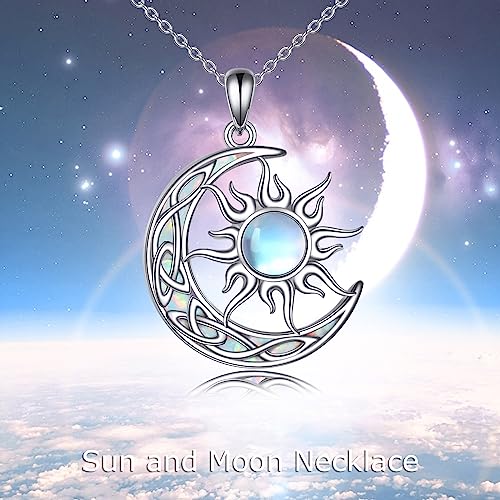 Sun and Moon Necklace for Women 925 Sterling Silver Celtic Crescent Moon Pendant Blue Opal/White Opal/Abelone Shell/Labradorite/Moonstone Jewelry Gift for Teen Girls - color: opal and moonstone