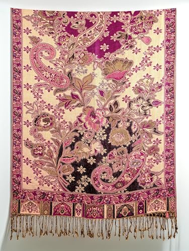 Achillea Elegant Paisley Floral Pashmina Shawl and Wrap β Boho Rave Scarf for Festival, Travel & Everyday Wear - color: Black Rose Pink