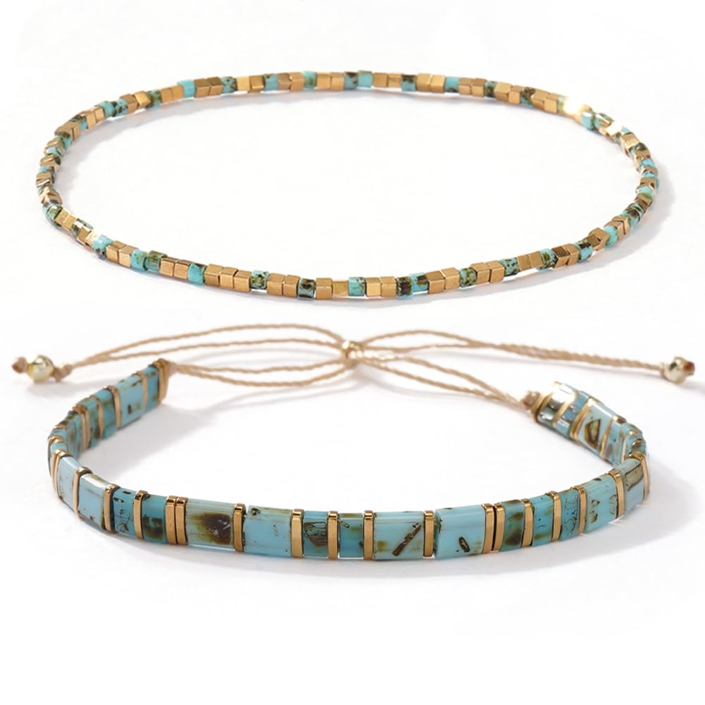Tila Flat Beaded Stretch Bracelets for Women Stackable Gold Colorful Seed Beads Boho Bracelet Stack Adjustable Rope String Friendship Jewelry Trendy Holiday Gift - color: gold and turquoise