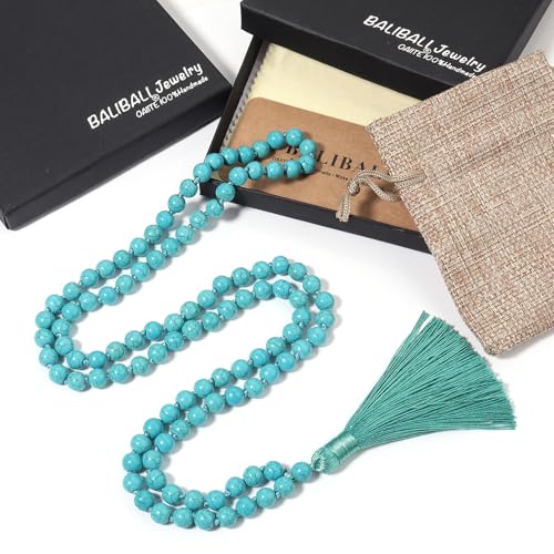 8MM Beads Chakra Long Mala Necklace Natural Stone Meditation Statement Necklace Japa Yoga Buddhist Rosary Prayer Charm Beaded Tassel Necklace - color: Turquoise