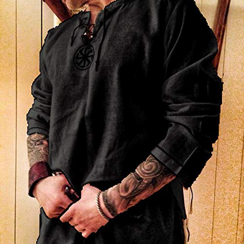 Men's Fashion Cotton Linen Shirt Long Sleeve Solid Color Ethnic Beach Yoga Top - color: Black, size: Medium