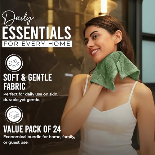 RIVERSIDE Pack of 24 Wash Cloths for Showering, 12 x 12 Inches, Super Soft & Absorbent, 100% Cotton Washcloths Premium Quality Flannel Face Cloths for Bathroom, Gym, Spa (Sage Green, 24 Pack) - color: Sage Green