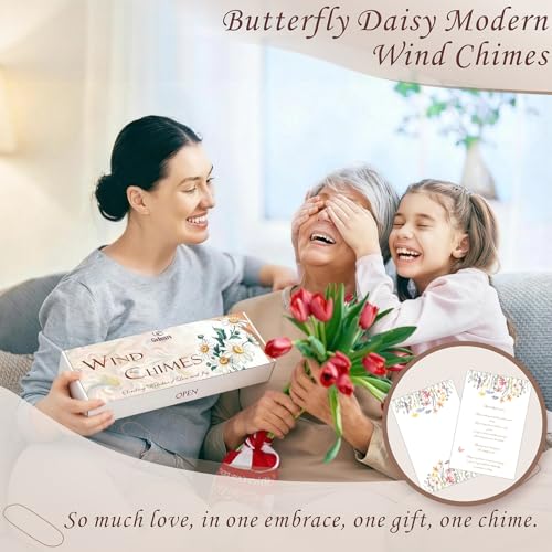Modern Wind Chimes for Outside, 32" Daisy Print Wind Chime with Butterfly Pendant for Birthday, Mother's Day, Unique Gifts for Women, Garden Yard Patio Porch Home Hanging Decor(Whitestone)