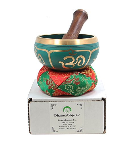 DharmaObjects Tibetan Relaxing Om Singing Bowl/Cushion/Mallet (Green) - color: Green, size: Small