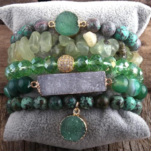 5PCS 6PCS Natural Boho Beaded Bracelets/Bangle for Women Men,Healing Turquoise Jasper Agate Crystal Gemstone Stone Chakra Multilayer Wrap Bohemian Handmade Jewelry Beads Stretch Bracelet Set