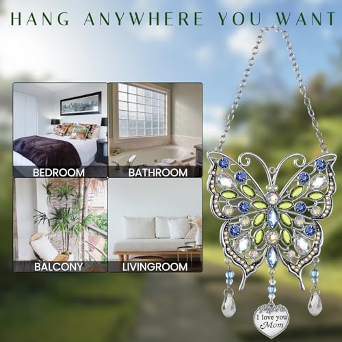 Butterfly Rhinestones Hanging Ornaments Charm Mom Wind Chime Ornament Charm with Metal Heart Gifts for Mom, Grandma, Aunt, Birthday (Blue)