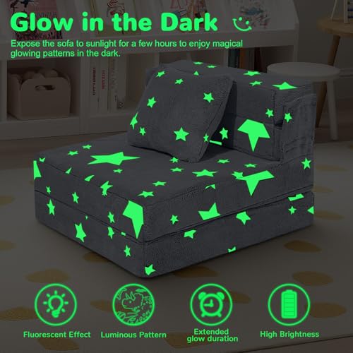 MeMoreCool Kids Tri-Fold Sofa Bed – Glow Star Floor Mattress & Foldable Futon Chair Convertible Toddler Couch | Soft Plush Lounge Mat | Playroom Furniture | Includes Pillow - color: Star