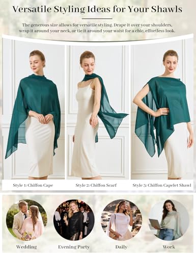 Chiffon Cape Shawl Wrap Scarf 3 Ways to Wear Elegant Sheer Capelet for Evening Dresses Weddings Parties - color: Teal Blue