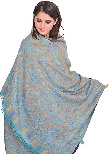 Exotic India Women Reversible Jamawar Wool Shawl with Woven Flowers | Ethnic Beautiful Floral Weave Stole, Dupatta - color: Baltic Blue