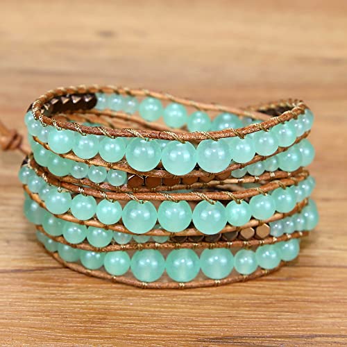 Boho Wrap Bead Bracelet for Women - Handmade Adjustable Natural Stone Beaded Bracelets Yoga Healing Bracelet Bangle Hippie Jewelry - color: Green Aventurine