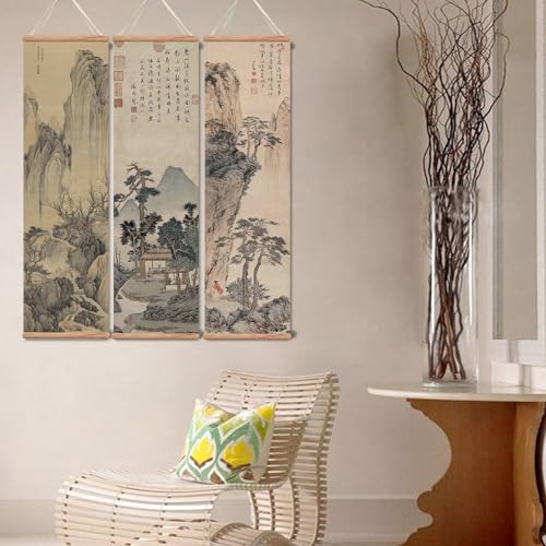 xinyuru Chinese Ancient Landscape Wall Art Poster,Tradition Canvas Printing,Oak Wood Scroll Painting Decor for Bedroom Living room (Landscape 01, 12”x41”x3 Piece)