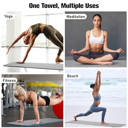MoKo Hot Yoga Towel, Non-Slip Yoga Mat Towel with Grip Dots, 74.4"×27.3" Yoga Mat Cover for Pilates, Fitness, Meditation, Swimming Pool, Beach, Travel Yoga Mat with Corner Pockets, Gray
