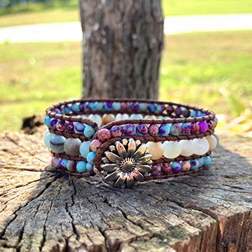 YGLINE Boho Handmade Natural Stone Bead 3 Row Wide Wrap Wrist Statment Bracelet Jewelry Collection - color: 2pcs/set