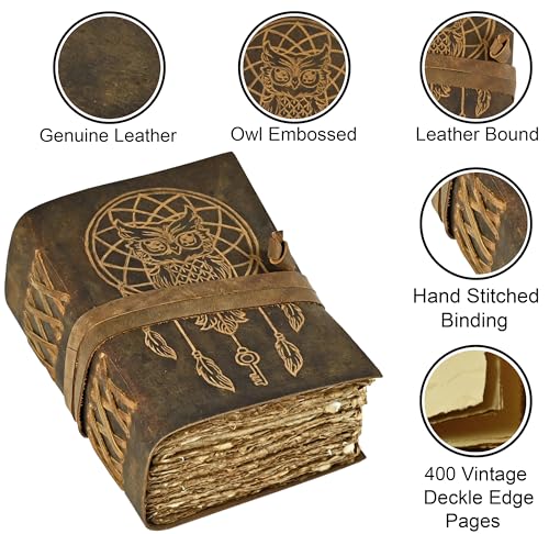 Urooj Handicraft 400 Page Book Of Shadows journal blank dream catcher with owl leather witchcraft books grimoire spell sketchbook college poetry personal notebooks (Owl 2) - color: Owl 2